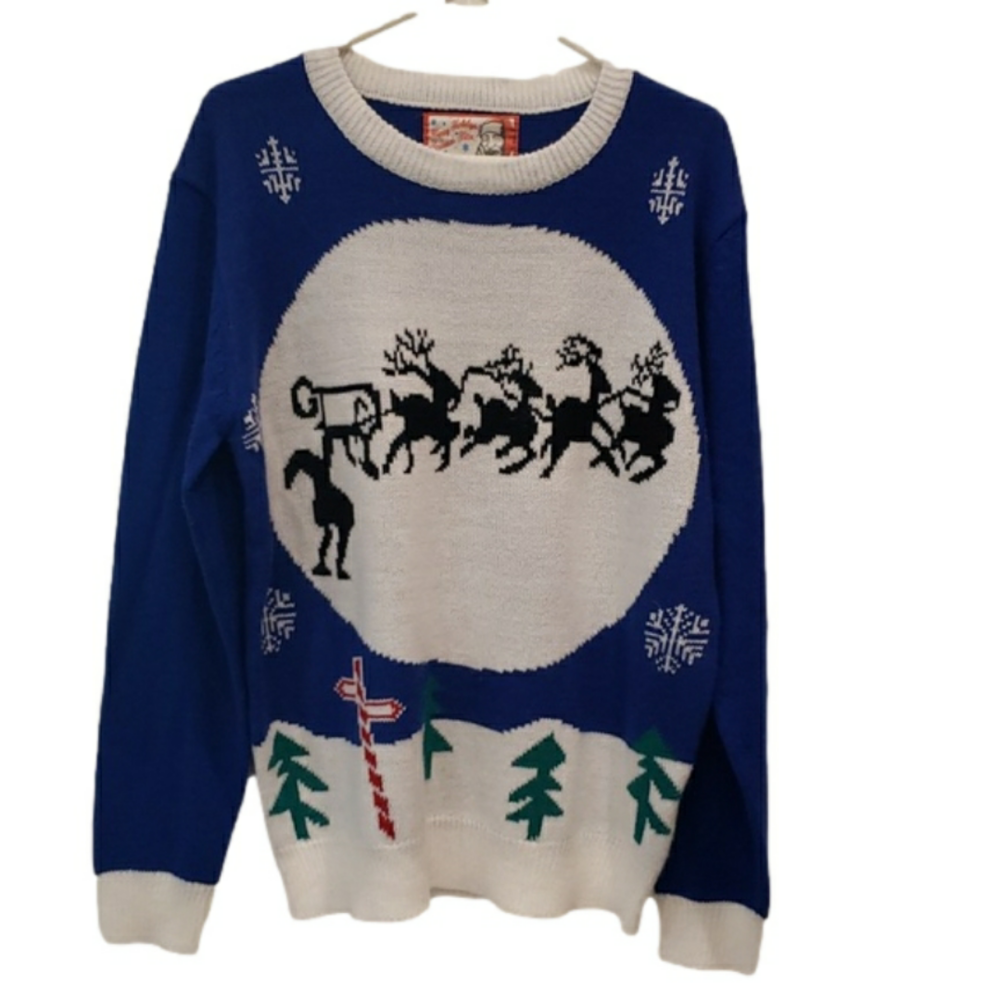 Happy Holidays 'Ugly Christmas Sweater' Blue Santa Sled Deers Moon Women's